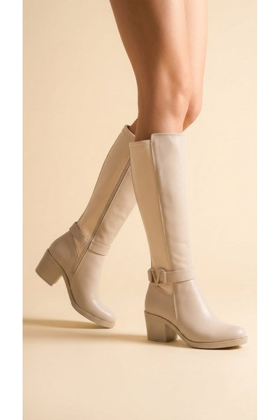 Moda Lime Leather Look Long Boots with Stretchable Back, Flexible Thick Heels...