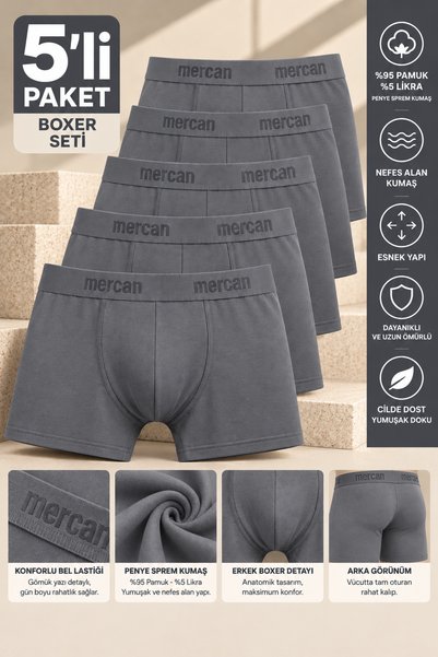 Mercan 5-Piece Opportunity Pack Premium Gray Flexible Boxers - Non-Marking Wa...