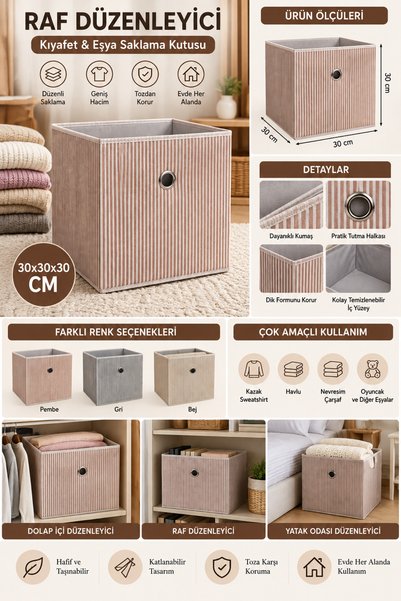 3NUR Raf Düzenleyici 30x30x30 cm Katlanabilir Kumaş Saklama Kutusu Dolap İçi Organizer