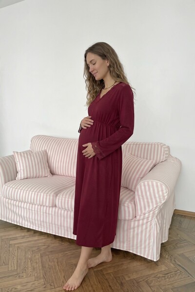 Miss Dünya Lissa Mirela V-Neck Shoulder and Sleeve End Lace Detailed Bamboo Fabric Maternity and Postpartum Nightgown