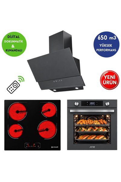 Eminçelik & AFM Marka C1 Dijital Elektr. Vitroseramik Antrasit-Gri Ankastre Set Fırın+Siyah Ocak+Davlumbaz