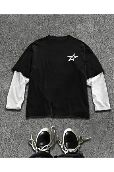 Toum Star Detail Baskılı Fake Kol Unisex Oversize T-Shirt