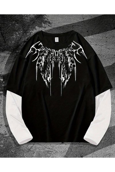 Touz Moda Tricou unisex supradimensionat cu mânecă falsă imprimată Gothic Grunge