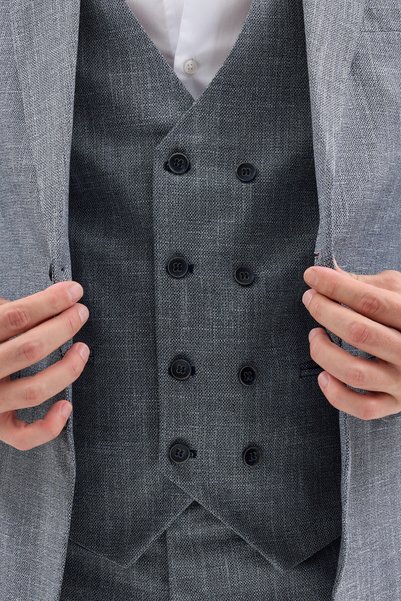 Frappoli Elnino Men's Navy Blue Mono Collar Polyviscon Fabric Jacket+Pants+Vest Slim Fit Suit