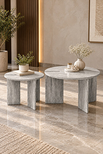 RAQİ Modern Round Coffee Table Set of 2 – Travertine Finish Living Room Cente...