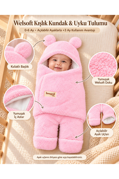 Tomuycuk Pink Welsoft Winter Baby Blanket with Openable Feet, Swaddle and Sleeping Bag 0-6 Months – Soft Plush Swaddle with Ears