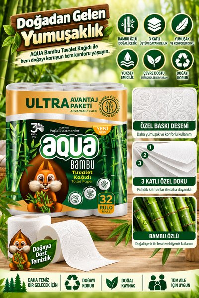 Aqua Bambu Özlü Tuvalet Kağıdı 32 Rulo 3 Katlı Yumuşak Kabartmalı Aile Boyu Paket