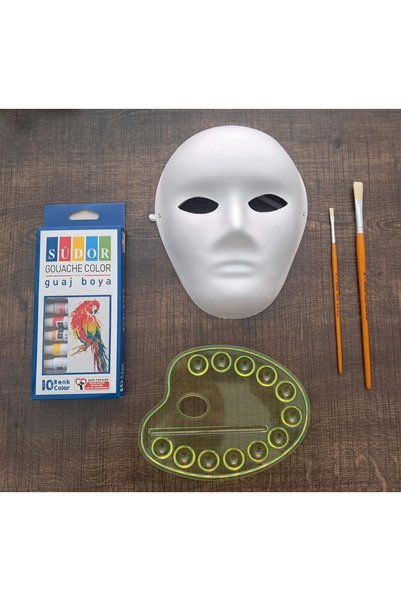 Südor Large Size Face Mask, 10 Colors of Gouache Paint, Small Color Palette, Number 2 and 10 Paint Brush Set - 5 Piece Mask Painting Set