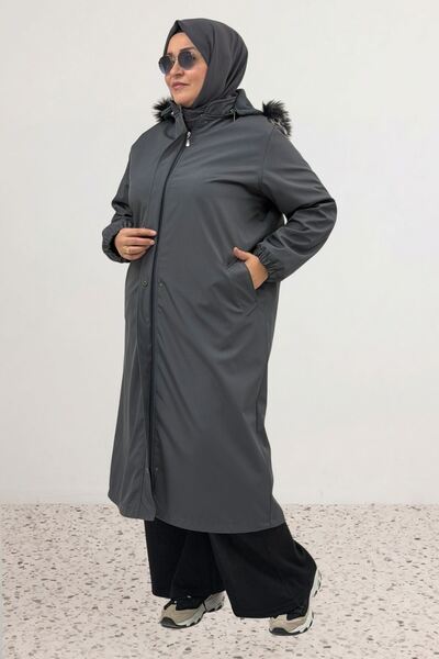 Eslina 63032 Large Size Full Zip Hooded Fur Bondit Cap - Anthracite