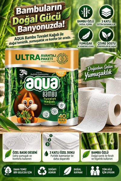 Aqua Bambu Özlü Tuvalet Kağıdı 40 Rulo 3 Katlı Yumuşak Kabartmalı Büyük Boy P...