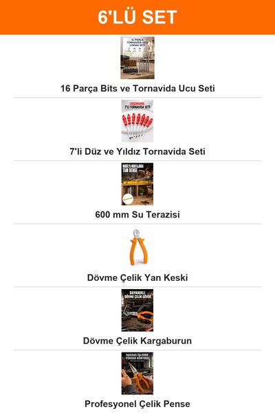 6'lı Usta Tamir Pro Seti Bits Seti Tornavida Su Terazisi Yan Keski Kargaburun ve Çelik Pense