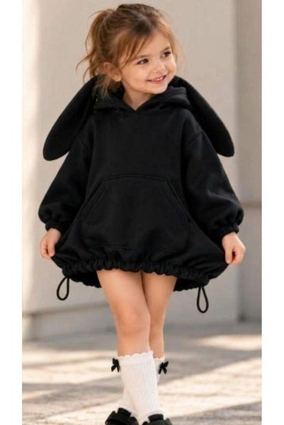 AYKİDSCLUP Girls Rabbit Ears Hooded Kangaroo Pocket Balloon Dress and Bow Socks Set 1010-S