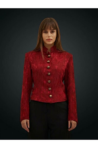 Womengrom Premium Women's Burgundy Jacquard Judge Collar Buttoned Jacket