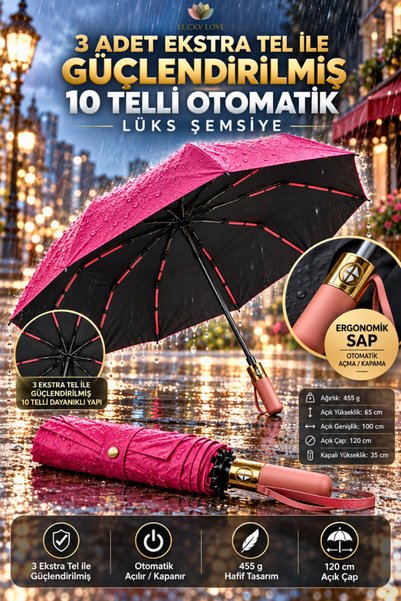 Lucky Love Ekstra Güçlendirilmiş 10 TelliLüks Otomatik Şemsiye Rüzgara Dayanı...