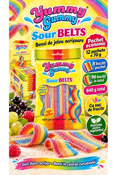 YUMMY Gummy Sour Belts – Benzi de jeleu acrișoare, 12 pachete × 70 g, 96 bucă...