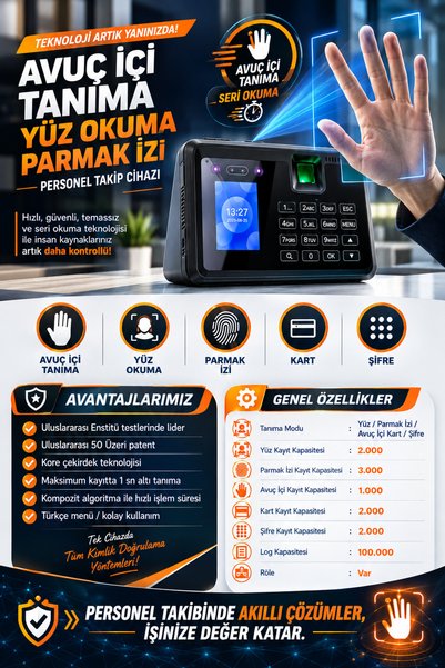LİNADEX LX-220315 Avuç okuma-Yüz Okuma-Parmak izi okuma ve Kartlı Personel kontrol cihazı -Giriş-çıkış Yazılımı ve (15 KART HEDİYE)