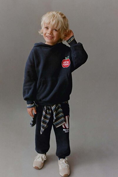 Magu Children's Cotton Hooded Navy Blue Sweatshirt and Sweatpants Set