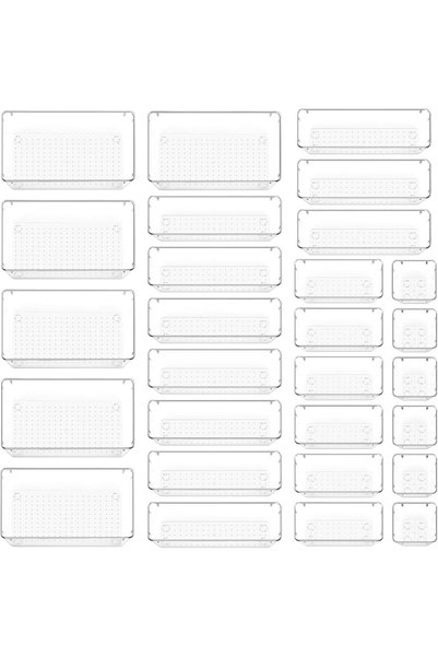 Vtopmart مجموعة منظم أدراج بلاستيكية شفافة مكونة من 28 قطعة، بأربعة أحجام