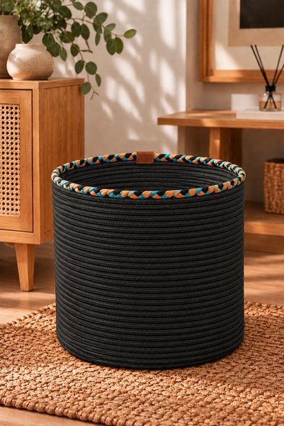 MaVaux Rosella Dekoratif Örgü Sepet 30x30 cm Yuvarlak Çok Amaçlı Saksılık, Mo...