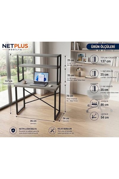 net mobilya 2 RAFLI METAL DERS CALIŞMA MASASI LAPTOP VE BİLGİSAYAR MASASI