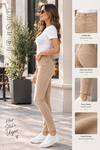 BEES JEANS andrea Kadın Bej Skinny Likralı Yüksek Bel Ekstra Esnek Okul pantolonu Dar Paça Jean