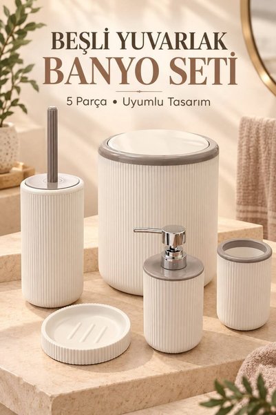 wappa POLO 5 Parça Yuvarlak Banyo Seti - Çöp Kovası WC Fırçası Sıvı-Katı Sabu...