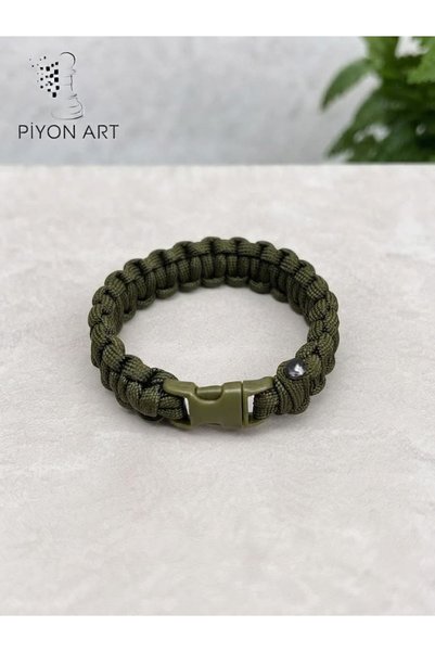 Piyonart Handmade Khaki Green Paracord Unisex Bracelet with Clip Outdoor Survival Jewelry L Size