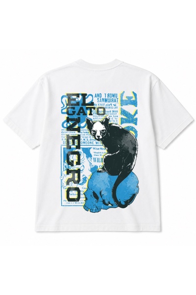 Rabona Fashion Shadow Cat Blue Skull Urban Grunge Graphic T-Shirt