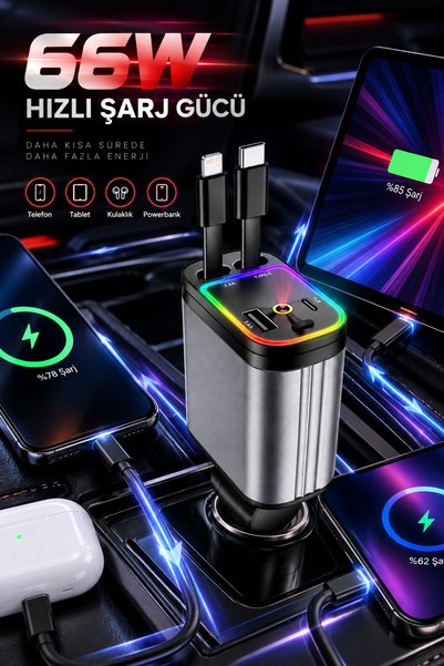 ROBEVE ACL ACC-01 66W Hızlı Şarj Araç Şarj Cihazı 4’ü 1 Arada, Geri Çekilebilir Type-C ve Lightning Kablolu, USB ve USB-C Çıkışlı RGB Işıklı Starlight Yıldızlı Tavan Projektörlü Araç Şarj Aleti