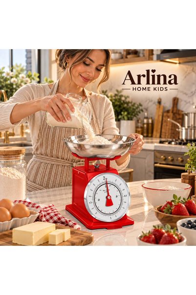 Arlina Home Kids Retro Analog Mutfak Terazisi – Kırmızı Gövde, Gümüş Kase 2 K...