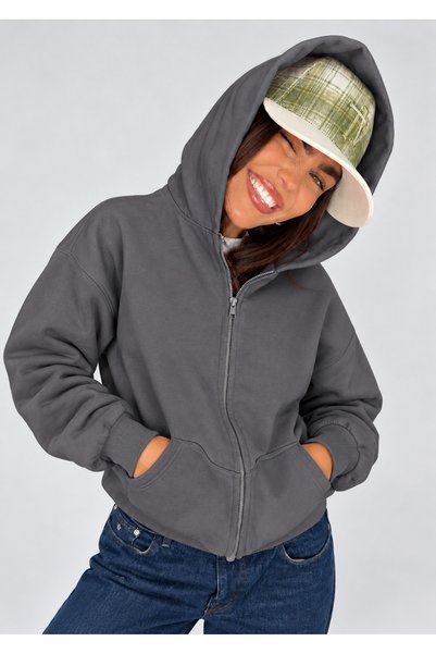 FAVORİST Hooded Zippered Plain Unprinted Sweatshirt Cardigan Black-White-Pink-Gray Melange-Smoke Gray