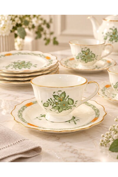 Massimo Verde Garden Green 6 Kişilik Porselen Çay Fincanı Takımı