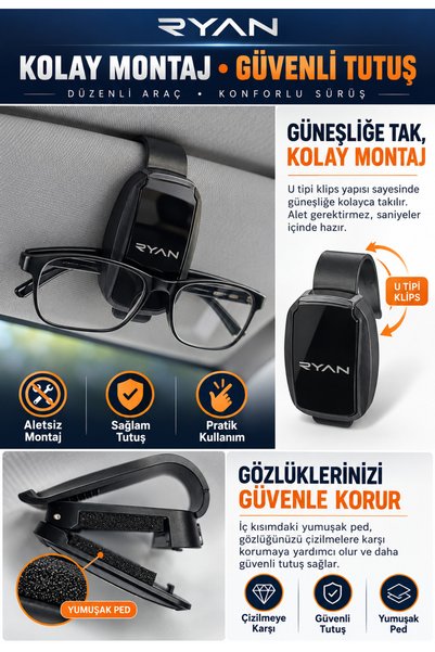 Ryan In-Car Glasses Holder Sun Visor Glasses Holder One-Handed Use