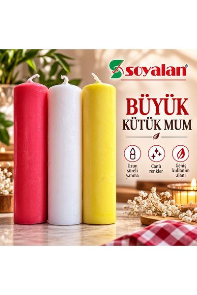 Soyalan Büyük Kütük Mum 3'lü Kırmızı Beyaz Sarı/Dekoratif Silindir Mum
