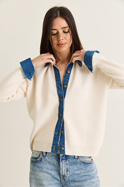Bianco Lucci Women's Ecru Denim Garnished Shirt Collar Buttoned Knitwear Cardigan Th261080 60286682