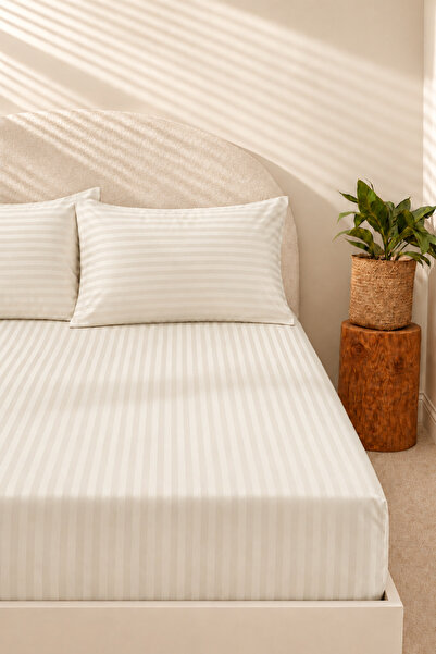 Nart Home Cotton Satin 210 Tc(83 Threads) Striped Bed Sheet Set |   Ecru