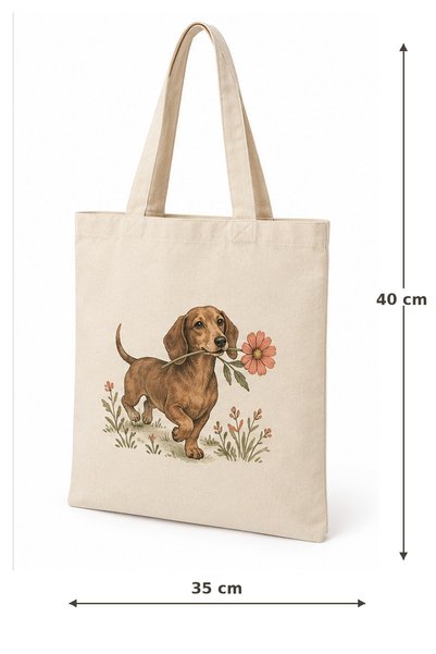 TEKSIVA Ekru Bez Omuz Çantası Sevimli Köpek ve Çiçek Desenli Baskılı Günlük A...