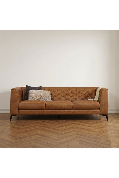 homejoyz Suede Leather and Wood Sofa - Light Brown - Isisa - 240X75X85 cm