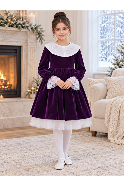 Generic Brand Girls Winter Velvet Purple Dress Long Sleeve White Collar Elega...