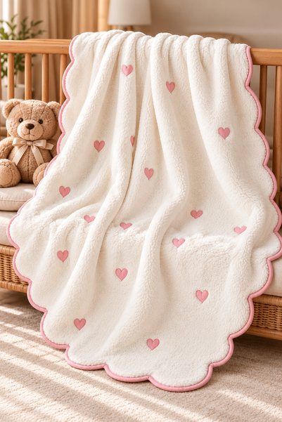 ZİLCA HOME Welsoft Baby Blanket Embroidered, Wavy Edged, Soft Plush, Newborn Baby Blanket 90X90 cm