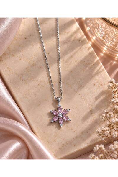 GÜMÜŞ RENK PEMBE TAŞLI LOTUS ÇİÇEĞİ KOLYE