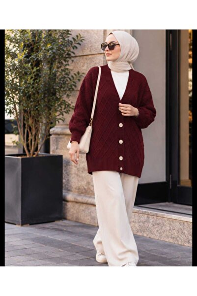 Budan Export Women's Diamond Patterned V-Neck Buttoned Oversize Long Sleeve Knitwear Cardigan