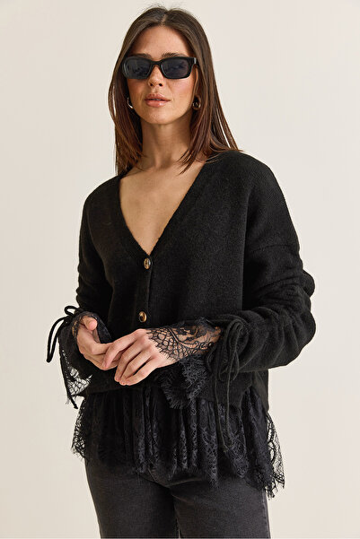 Bianco Lucci Women's V-Neck Buttoned Flywheel Lace Detailed Sleeves Gathered ...