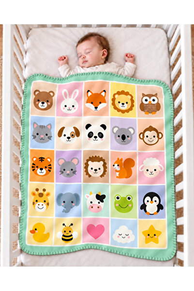 GÖKOVA HOME Renkli Kare Hayvanat Bahçesi Serisi Çoban Dikişli %100 Polar Bebe...