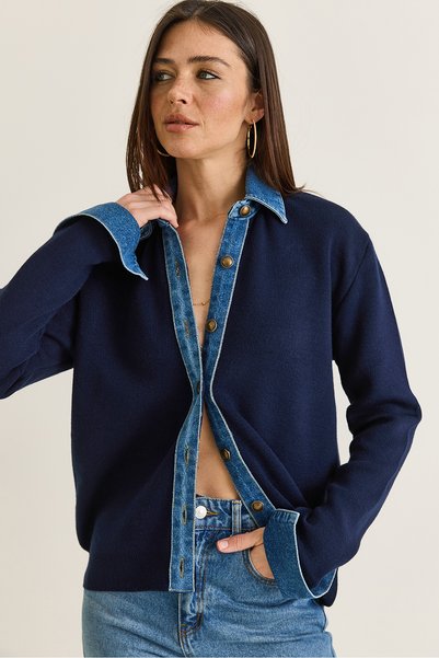 Bianco Lucci Women's Denim Garnished Shirt Collar Buttoned Knitwear Cardigan ...