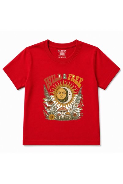 Rabona Fashion Wild & Free Celestial Sun Moon Boho Floral Graphic Kids T-Shirt