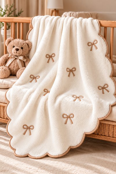 ZİLCA HOME Welsoft Baby Blanket Embroidered, Wavy Edged, Soft Plush, Newborn Baby Blanket 90X90 cm