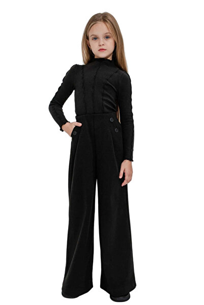 SOLLUXE AVIRA - Pantaloni evazați lungi cu buzunare și nasturi decorativi, negru