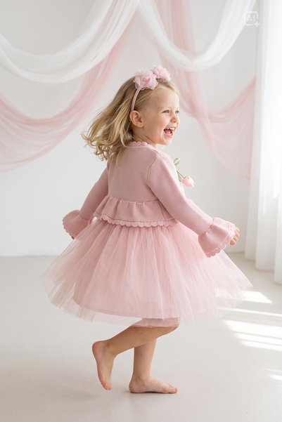 ALYRA Baby Girl Child 3-Piece Rose Tulle Dress with Knitwear Cardigan and Crown Birthday Special Day Eid Wedding Evening Dress Set 1-4 Years