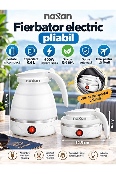 Fabrilux Fierbator electric pliabil NAXAN, 0.6 L, 600W, silicon, portabil, alb